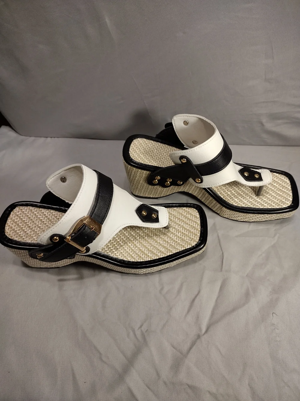 White and Black Wedge Thong Sandals